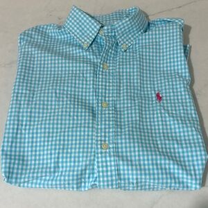 GUC Ralph Lauren Men's Teal and White Checkered Long Sleeve Shirt
